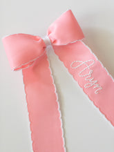 Load image into Gallery viewer, White Name on Light Pink Ribbon with Moonstitch
