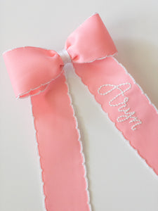 White Name on Light Pink Ribbon with Moonstitch